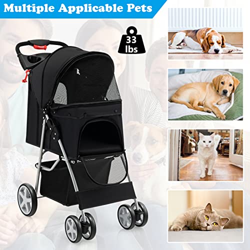 4 Wheels Folding Pet Stroller with Storage Basket and Adjustable Canopy C4318