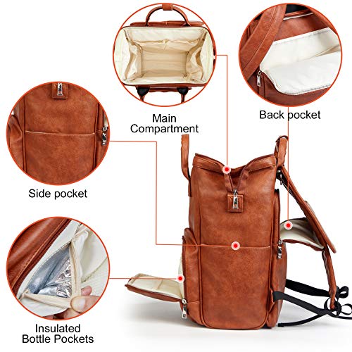 Brown Waterproof Large Leather Diaper Bag Backpack with Changing Mat R4563