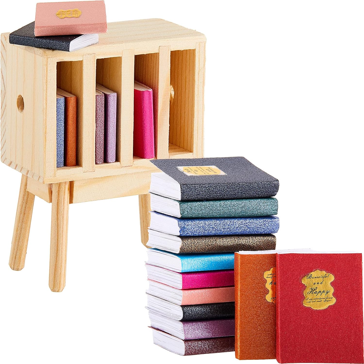 13 Pieces 1:12 Scale Miniature Dollhouse Books with Wooden Rack Bookshelf N173891