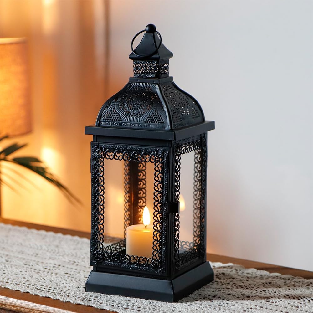 Black Metal Candle Lantern 13'' High with Tempered Glass E53080