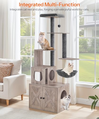 Greige 67.7" H Wooden Cat Tree with Litter Box Enclosure N9284