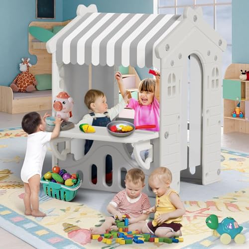 Kids Playhouse with Pretend Play Kitchen Toys Set Beige Gray W4912