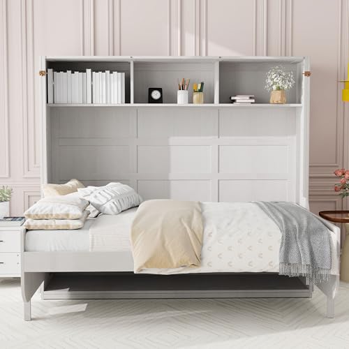 Antique White Full Size Murphy Bed with Desk and Storage Shelves N873251