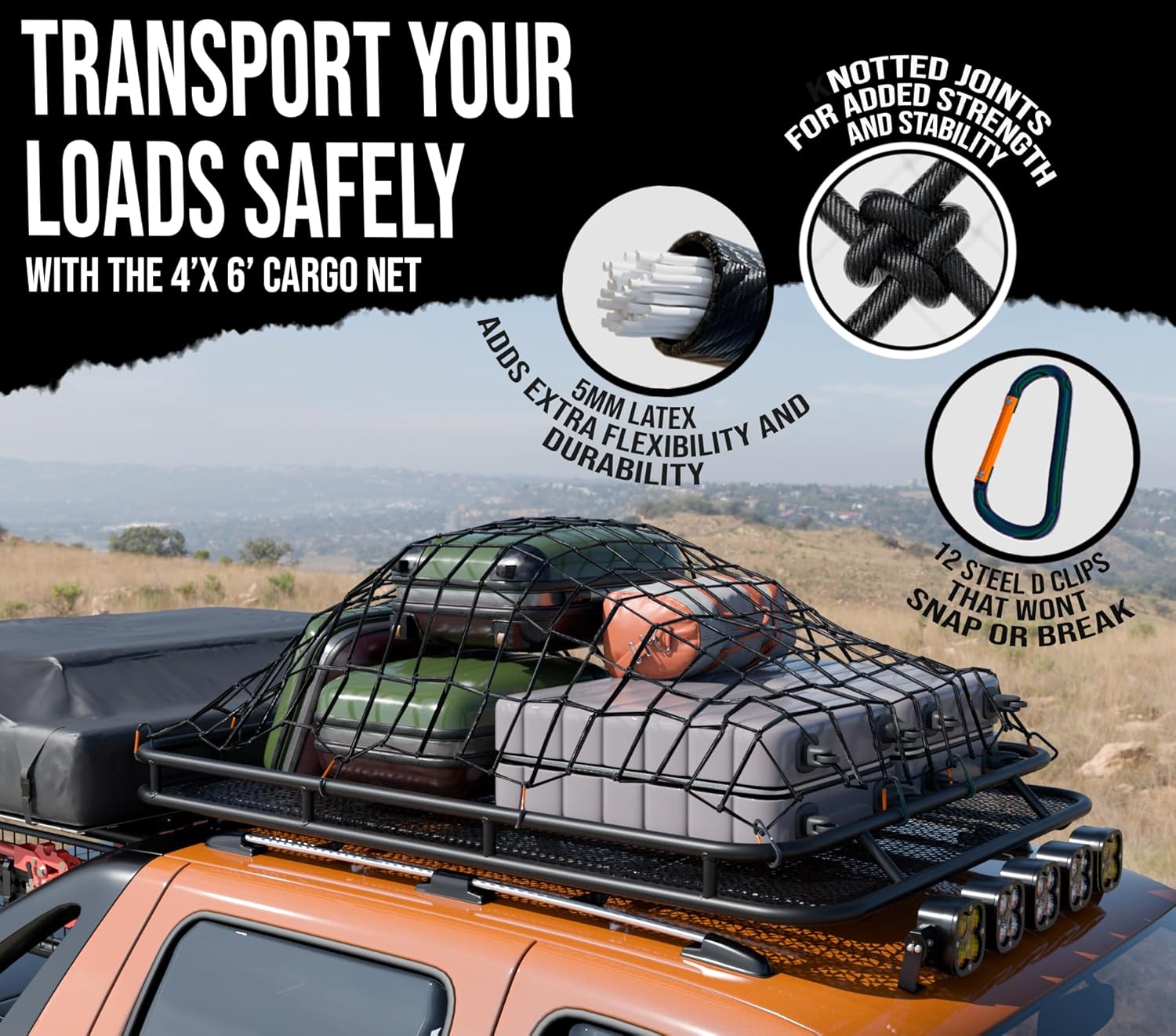 4'x6' Stretches to 12'x8.5' Durable Latex Mesh Bungee Cargo Net with 12 Metal Carabiners S6920