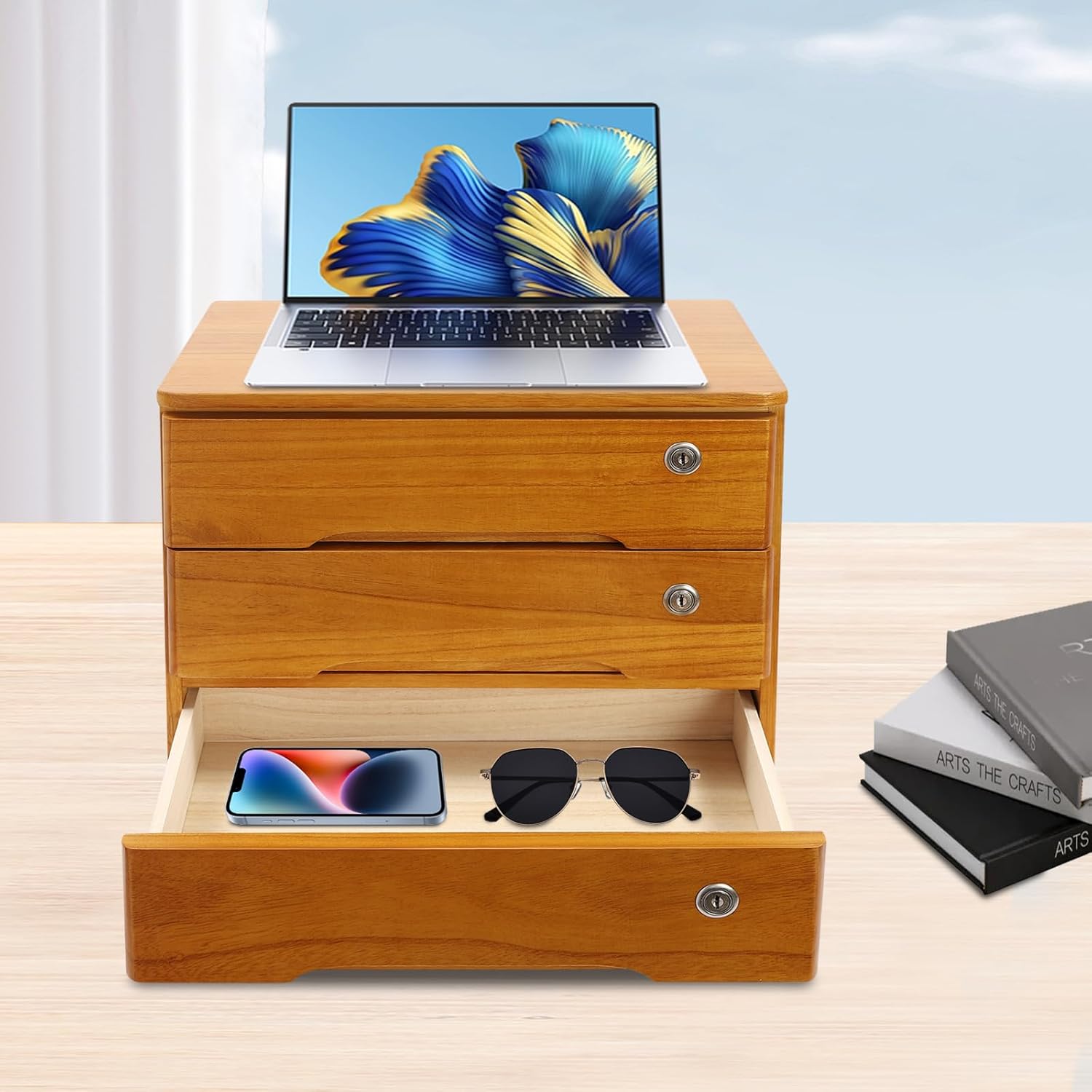 3-Tiers Wooden Desktop Storage Box with Lockable Drawers C679885