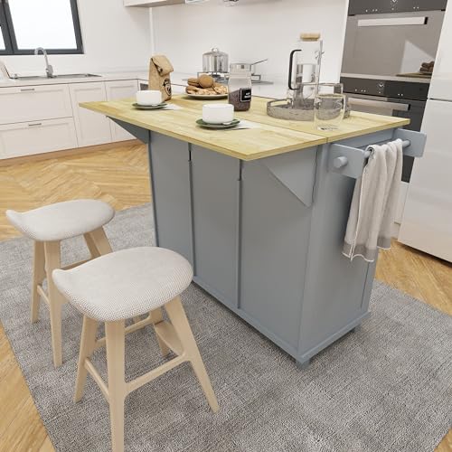 Grey Blue Rolling Kitchen Island with Storage Cabinet and 3 Drawers L4512