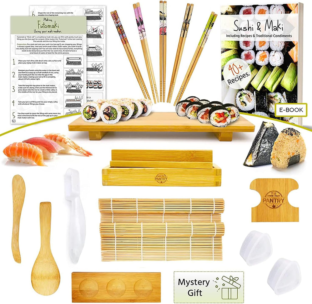 Bamboo Sushi Making Kit with Maki Maker, Sushi Mat, Onigiri Mold Set, Sushi Plate, Chopstick Set, Rice Paddle V7490