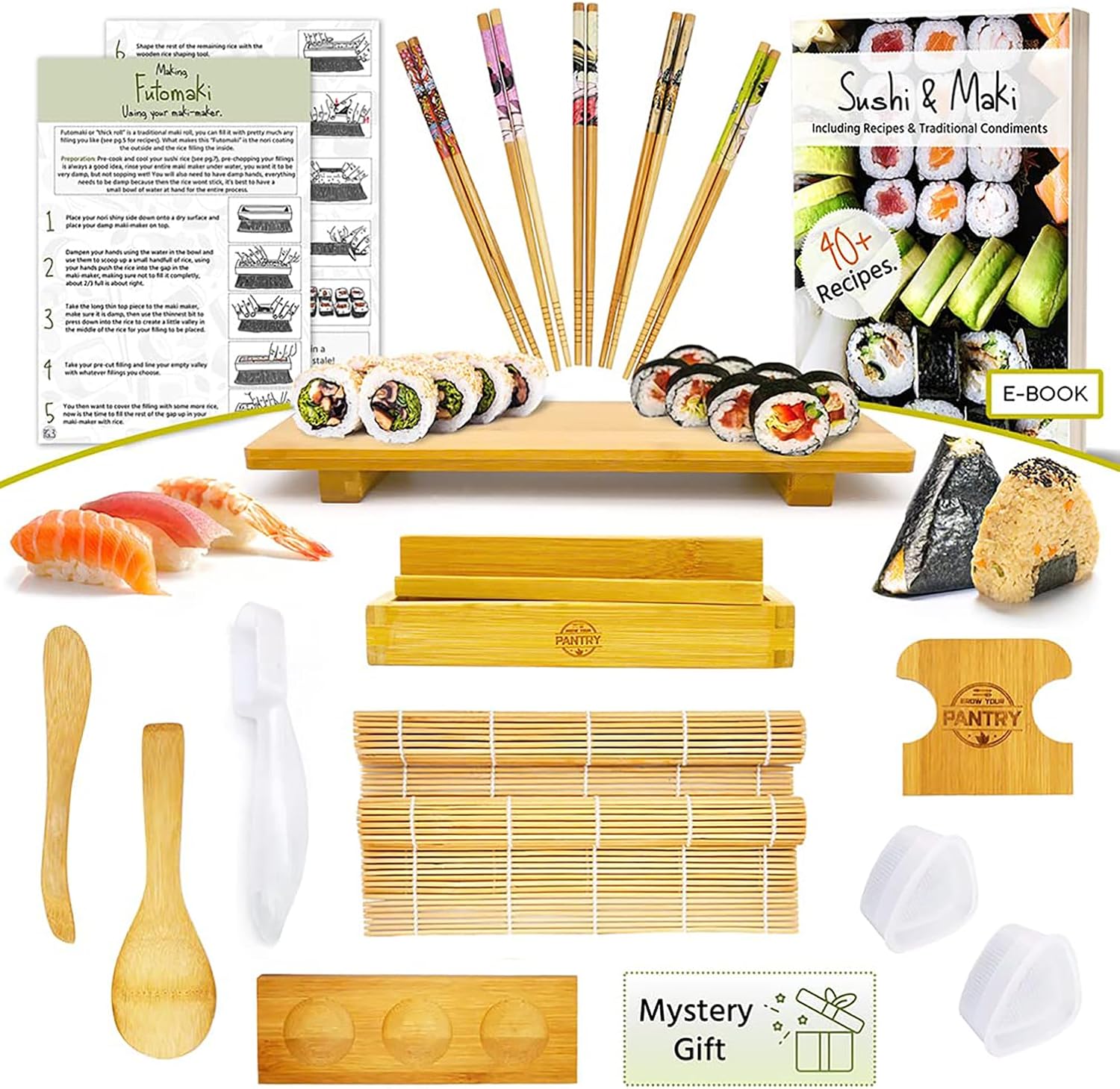 Bamboo Sushi Making Kit with Maki Maker, Sushi Mat, Onigiri Mold Set, Sushi Plate, Chopstick Set, Rice Paddle V7490