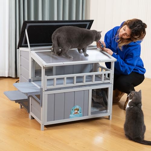 Gray 2-Tier Wood Cat House Q9388