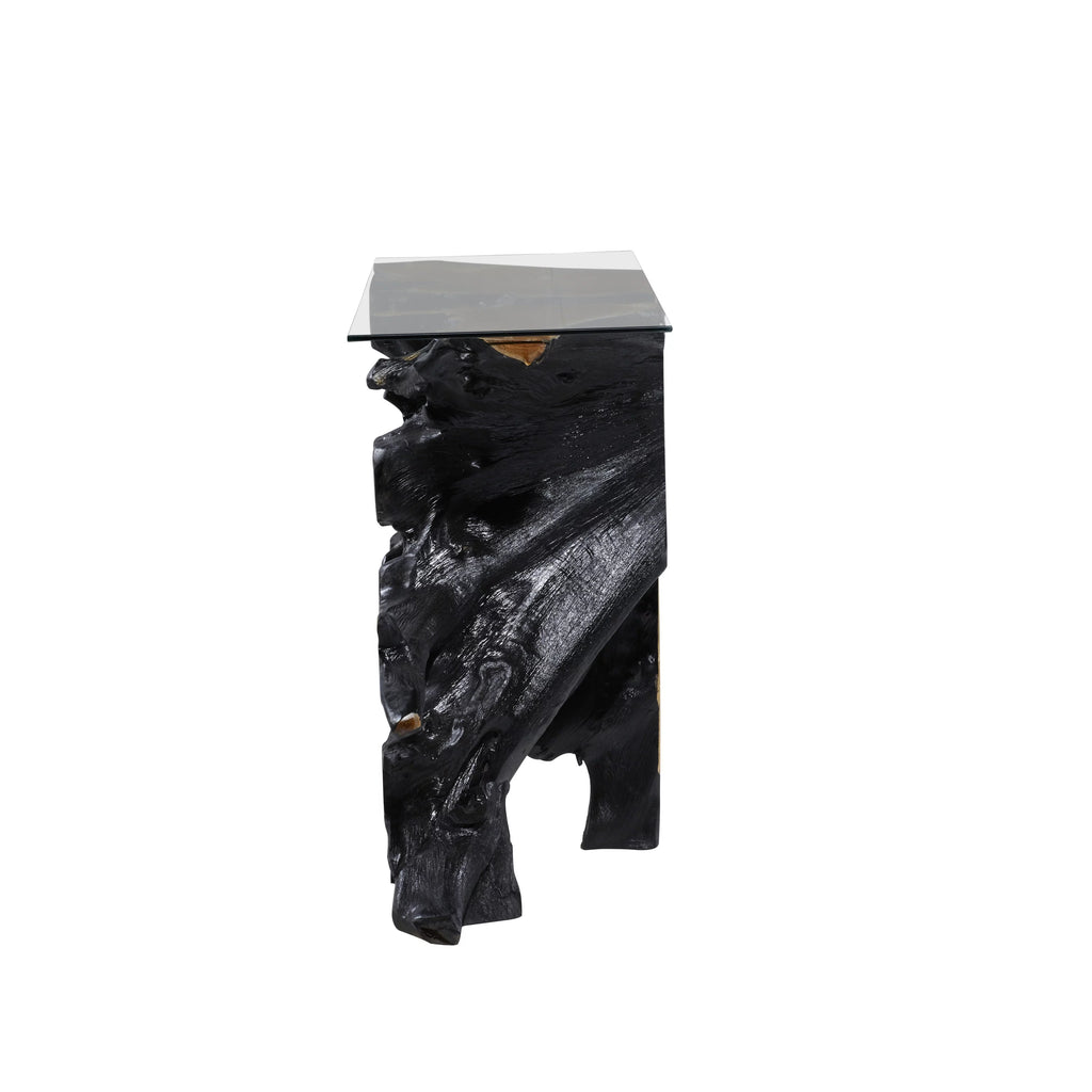Black Teak Wood Console Table with Clear Glass Top H778869
