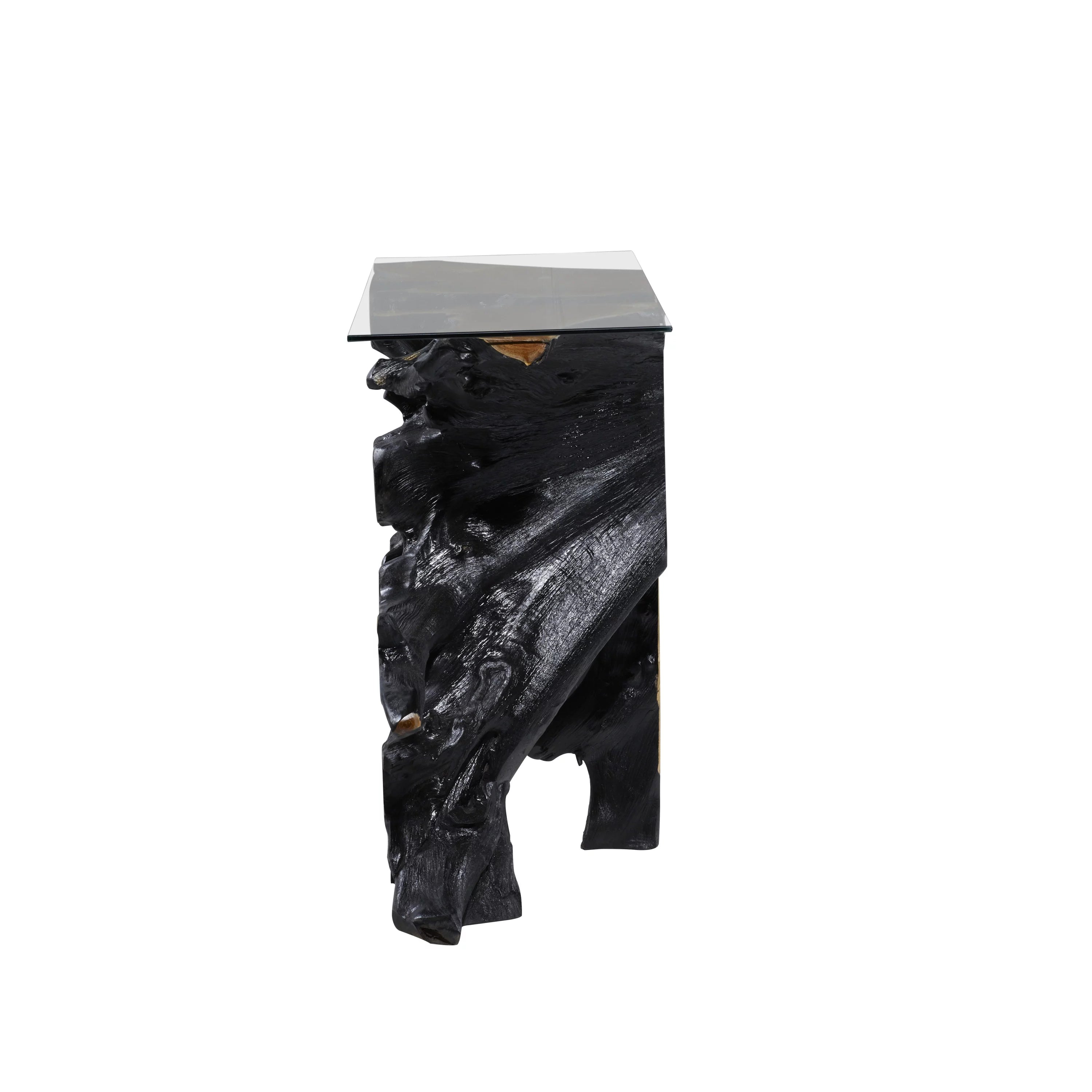 Black Teak Wood Console Table with Clear Glass Top H778869