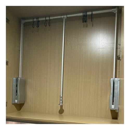 Pull Down Closet Rod Organizer Storage Rack Lift Buffer Extendable Adjustable Width Space Saving Wardrobe Hanger Silver D140438