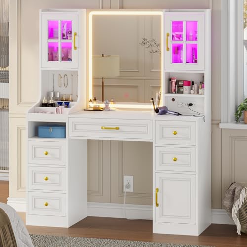 White Vanity Desk with Touch Screen Mirror and Lights, 6 Drawers N700791