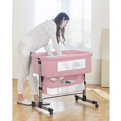 Pink Baby Bassinet Bedside Sleeper with Storage Basket A52626