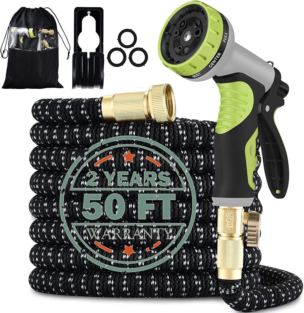 50FT Expandable Garden Hose with 9 Function Nozzle and Solid Brass Fittings M921