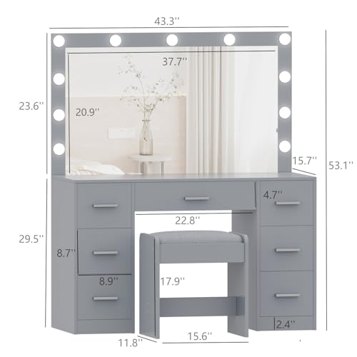 White Vanity Desk with Lighted Mirror and Drawers V85958