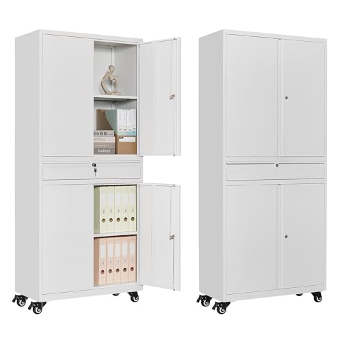 White Metal Storage Cabinet with Wheels and Locking Drawer A56320