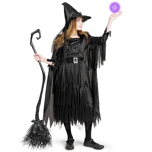 Classic Kids Witch Costume Black Witch Dress with Broom and Hat XL Q3327