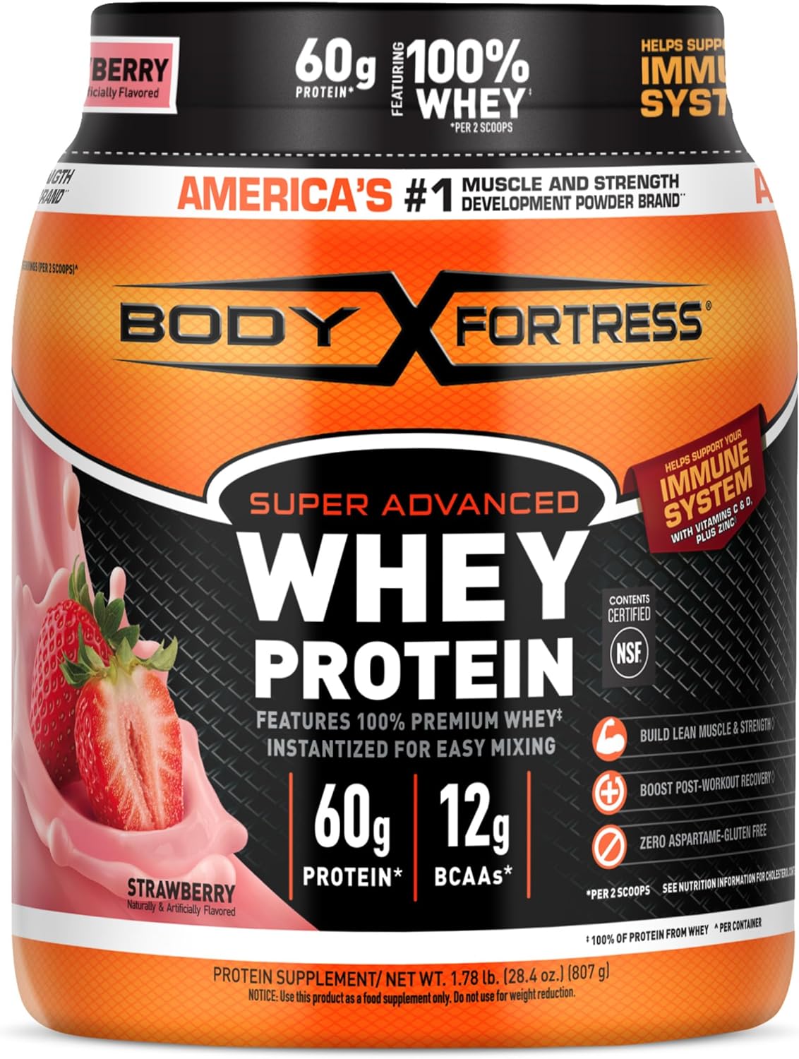Whey Protein Powder, Strawberry, 60g Protein, 12g BCAAs Per 2 Scoops, Creatine Monohydrate Micronized Powder 500G, 5000mg Per Serv (5g), 100 Servings A180887
