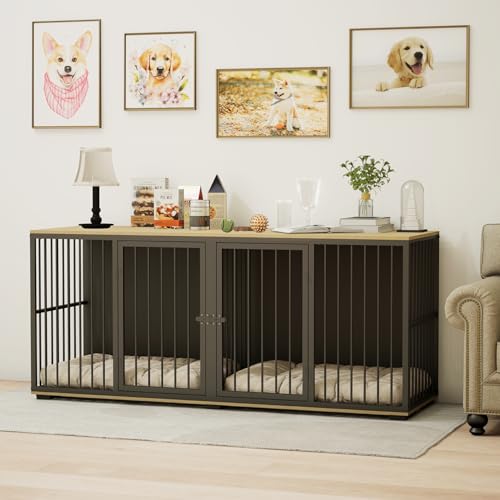 71.6'' Metal Steel Frame Double Dog Kennel with 2 Rooms and Removable Divider Black I111091