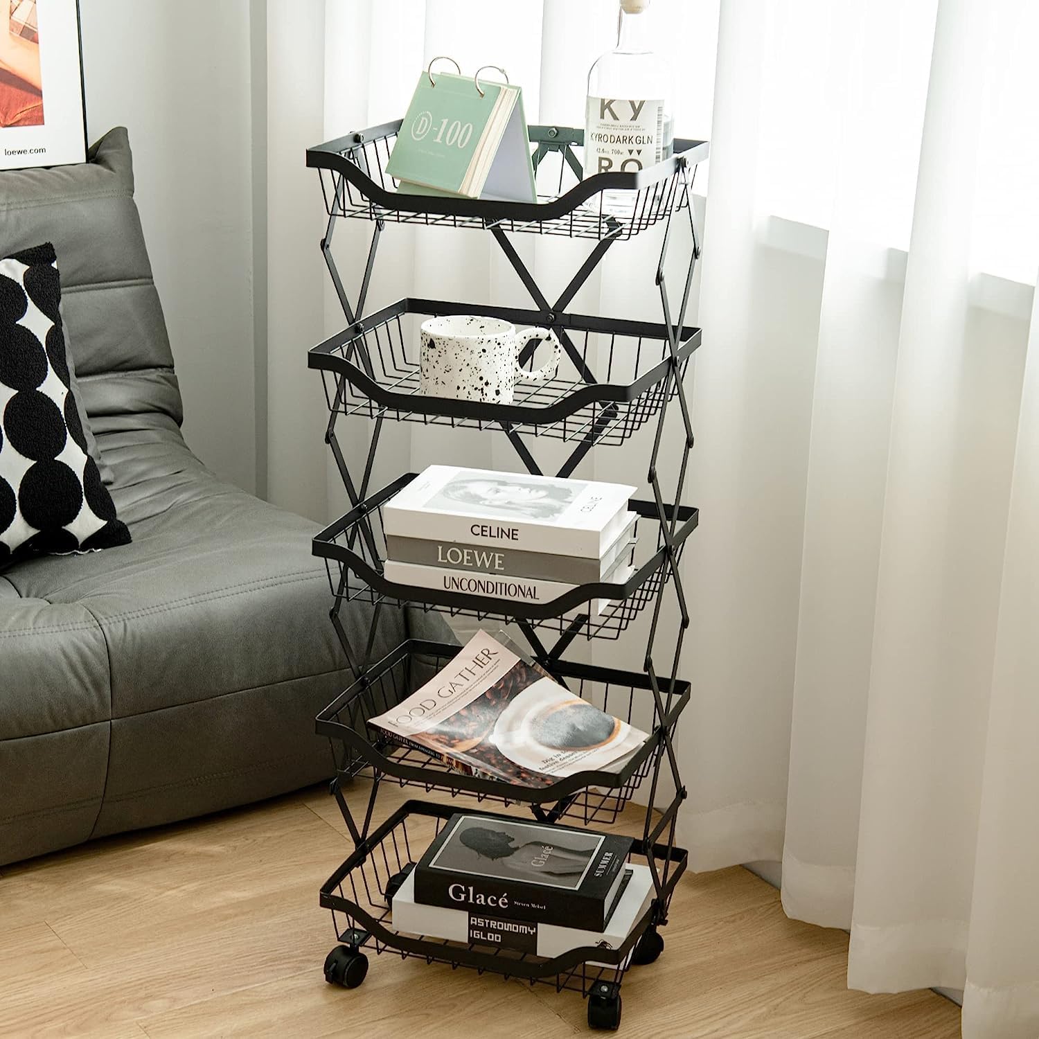 5 Tier Foldable Rolling Storage Cart with Lockable Wheels X820891