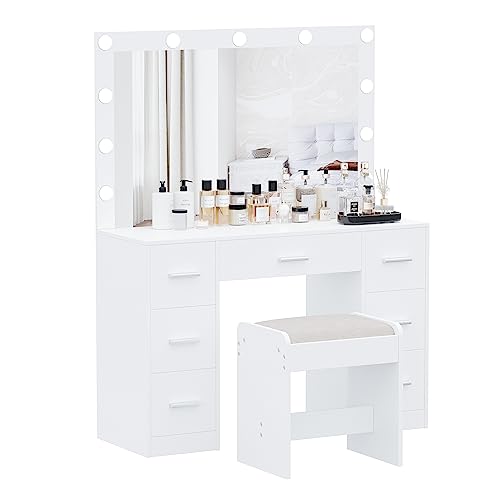 White Vanity Desk with Lighted Mirror and Drawers V85958