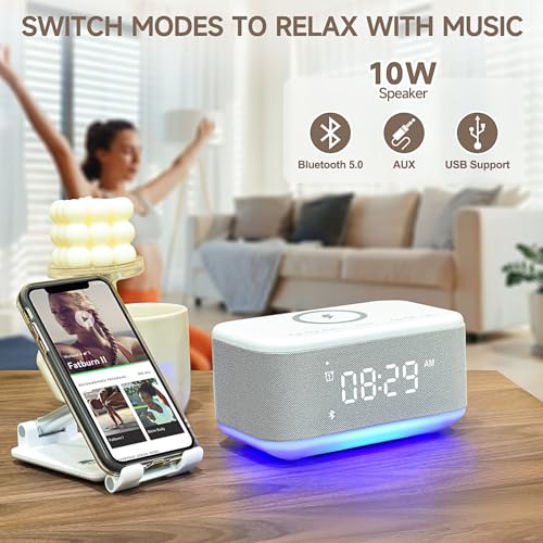 Gray Digital Alarm Clock with Bluetooth Speaker and Wireless Charger C580