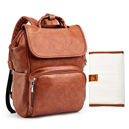Brown Waterproof Large Leather Diaper Bag Backpack with Changing Mat R4563