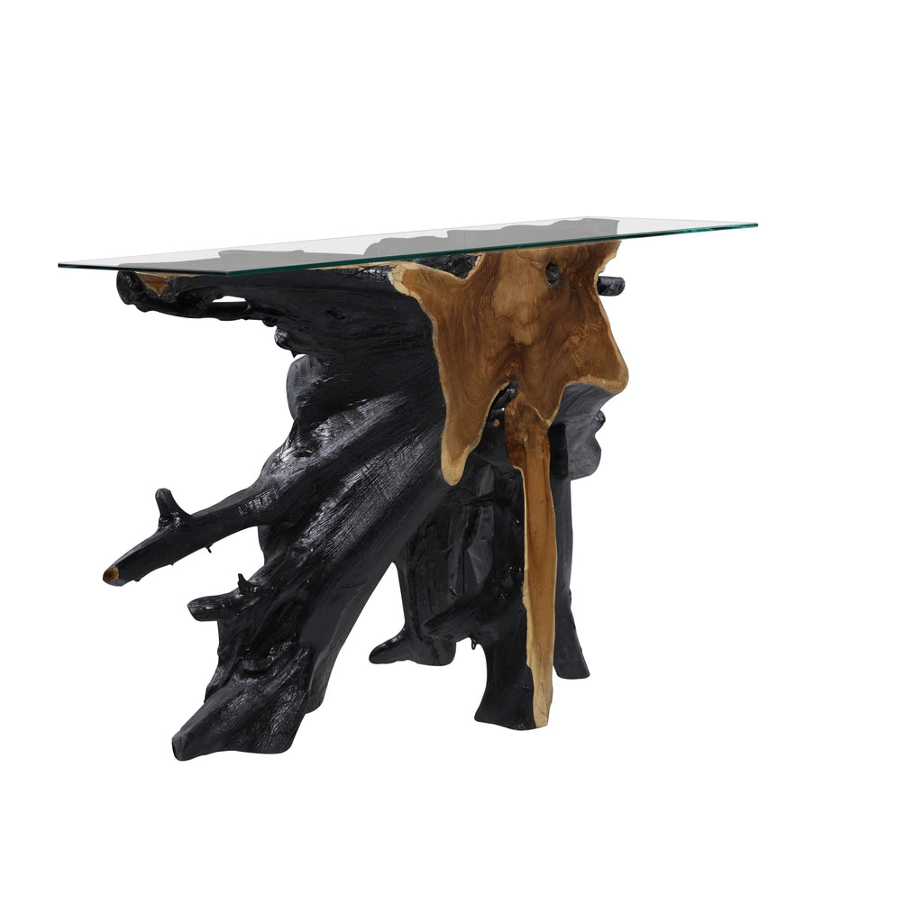 Black Teak Wood Console Table with Clear Glass Top H778869