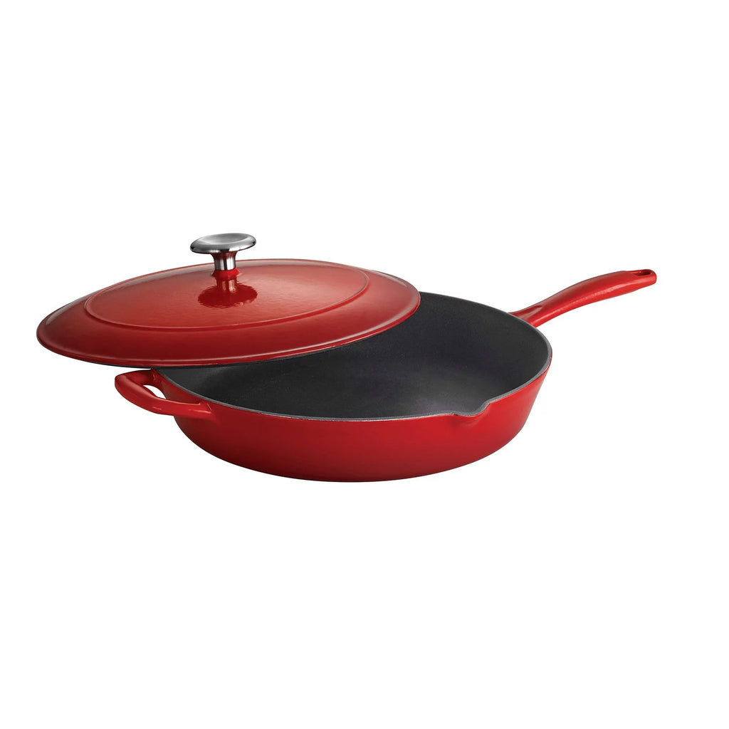 Red Enameled Cast Iron Covered Skillet T771