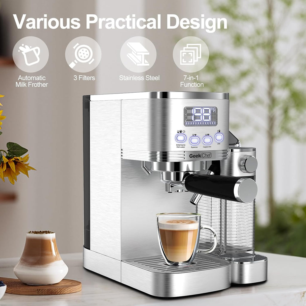 7-in-1 Espresso Machine with Automatic Milk Frother, 20 Bar, Stainless Steel A74814