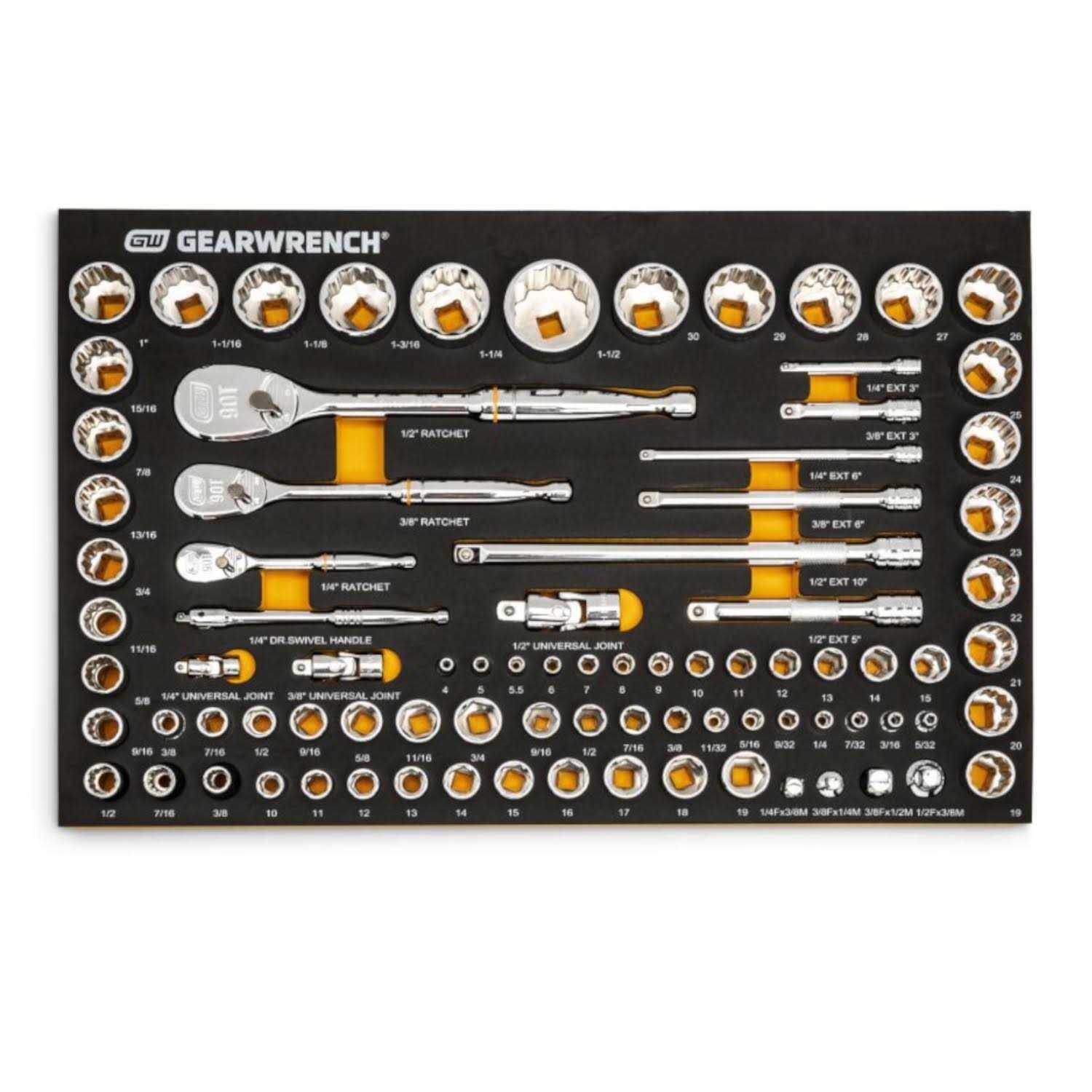 83 Pc. 1/4 3/8 1/2 90-Tooth SAE/Metric Mechanics Tool Set with EVA Foam Tray V952482