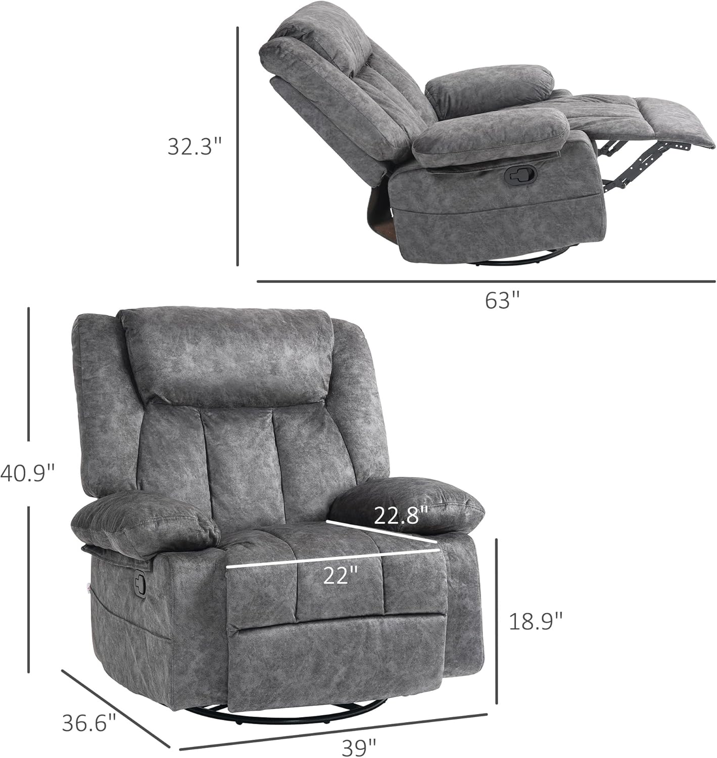 Gray Swivel Rocker Recliner Chair with Side Pockets and Metal Base Z2758