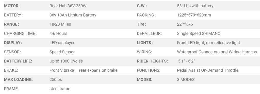 White 22" Electric Bicycle 250 W 36 V 10 Ah Lithium-Ion Battery G97557
