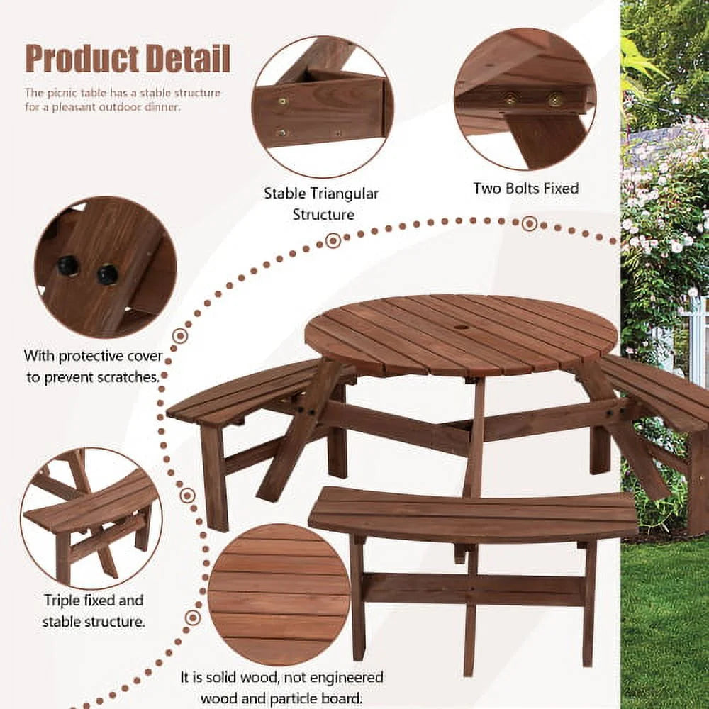 6-Person Circular Outdoor Wooden Picnic Table with 3 Built-in Benches Y52951