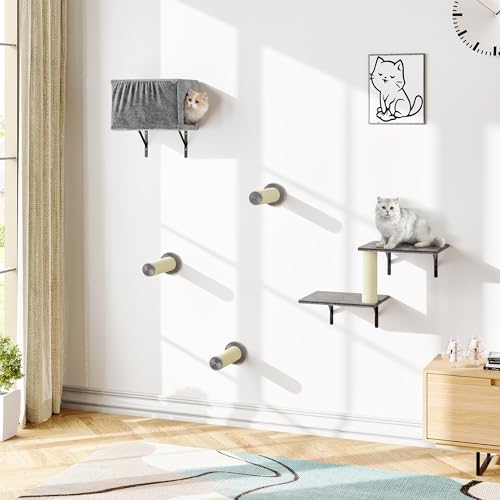 5-in-1 Wall-Mounted Cat Climber Set with House, Bridge, Steps, Scratcher, Hammock, Shelves E936035