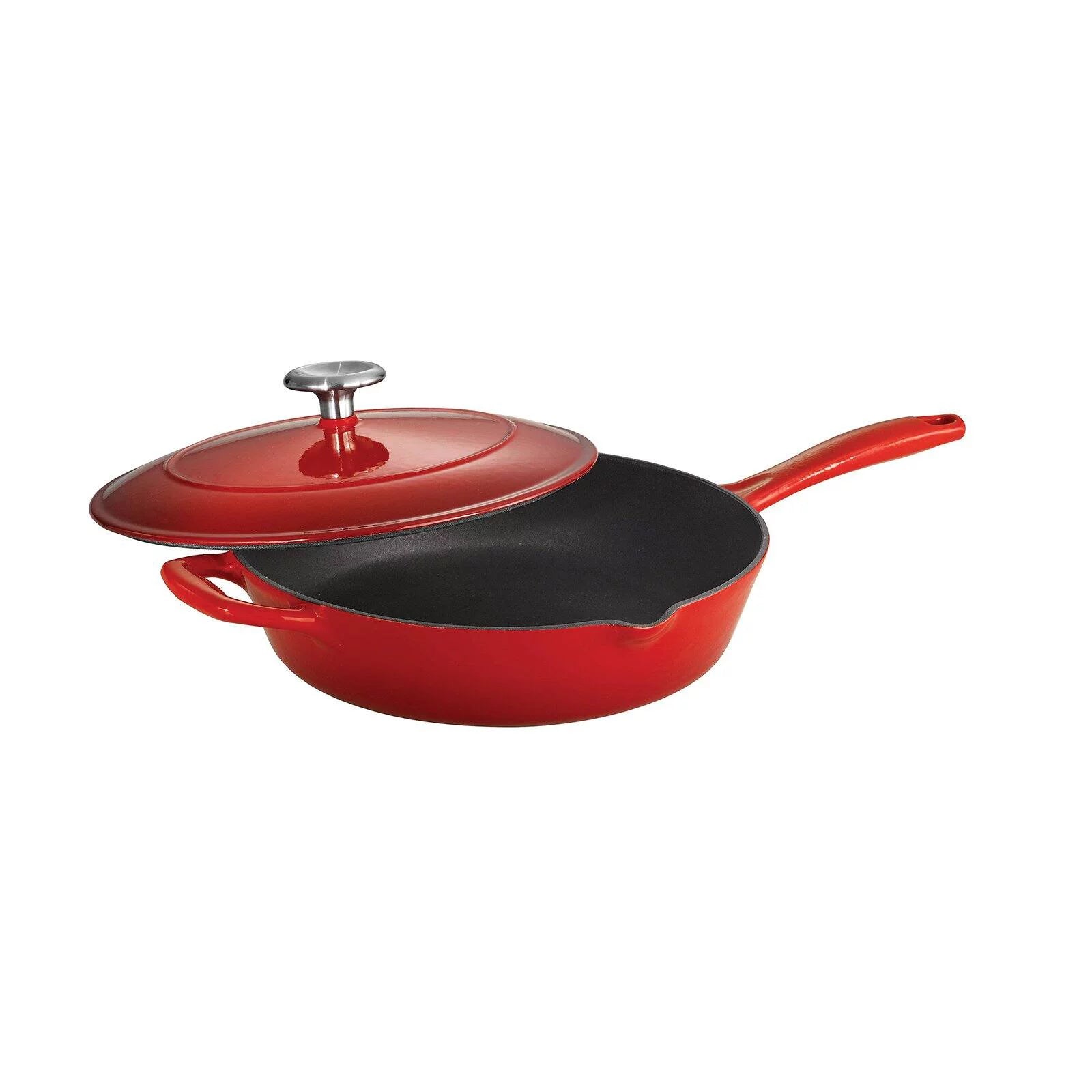 Red Enameled Cast Iron Covered Skillet T771