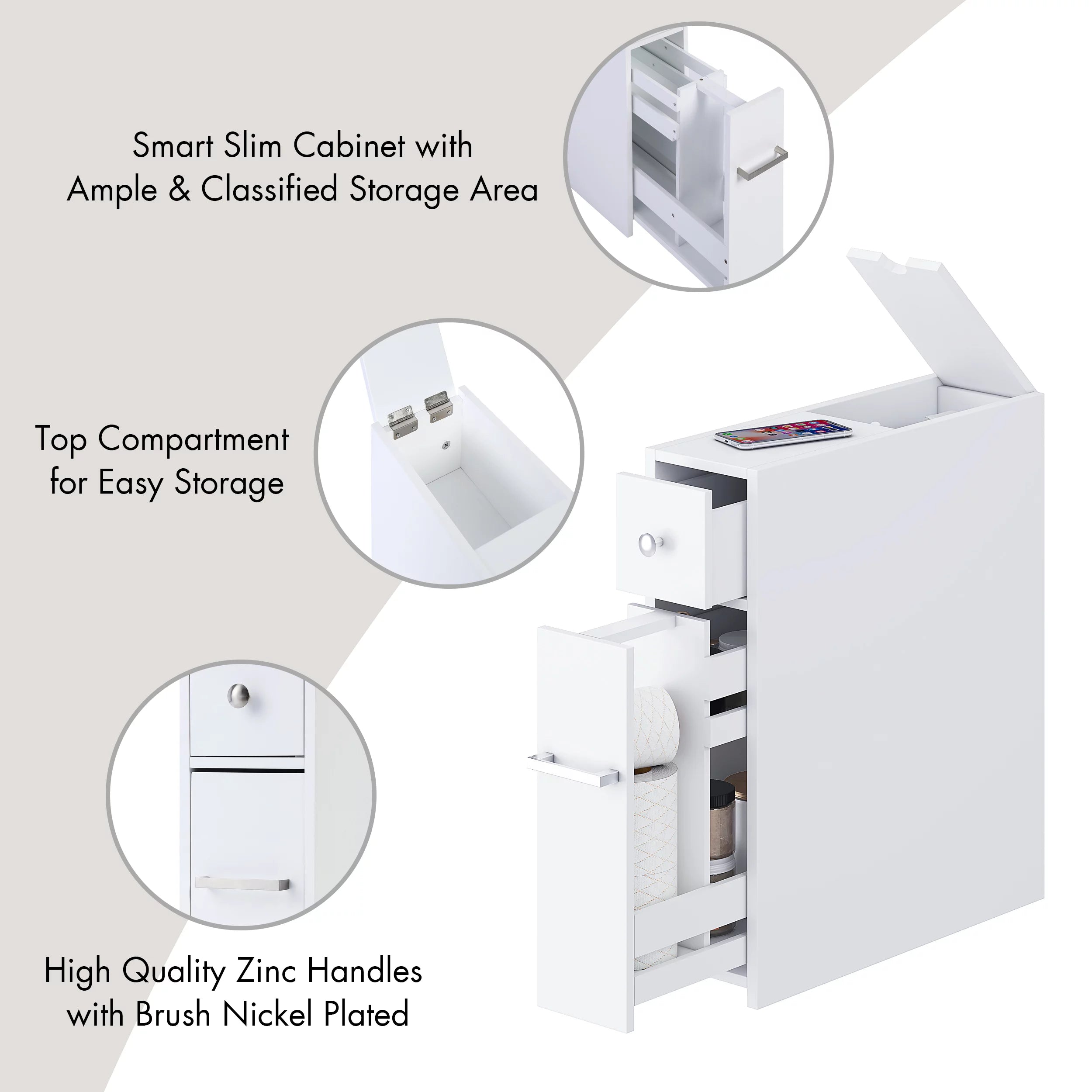 White Slim Bathroom Storage Cabinet with Toilet Paper Holder and Slide Out Drawer P834