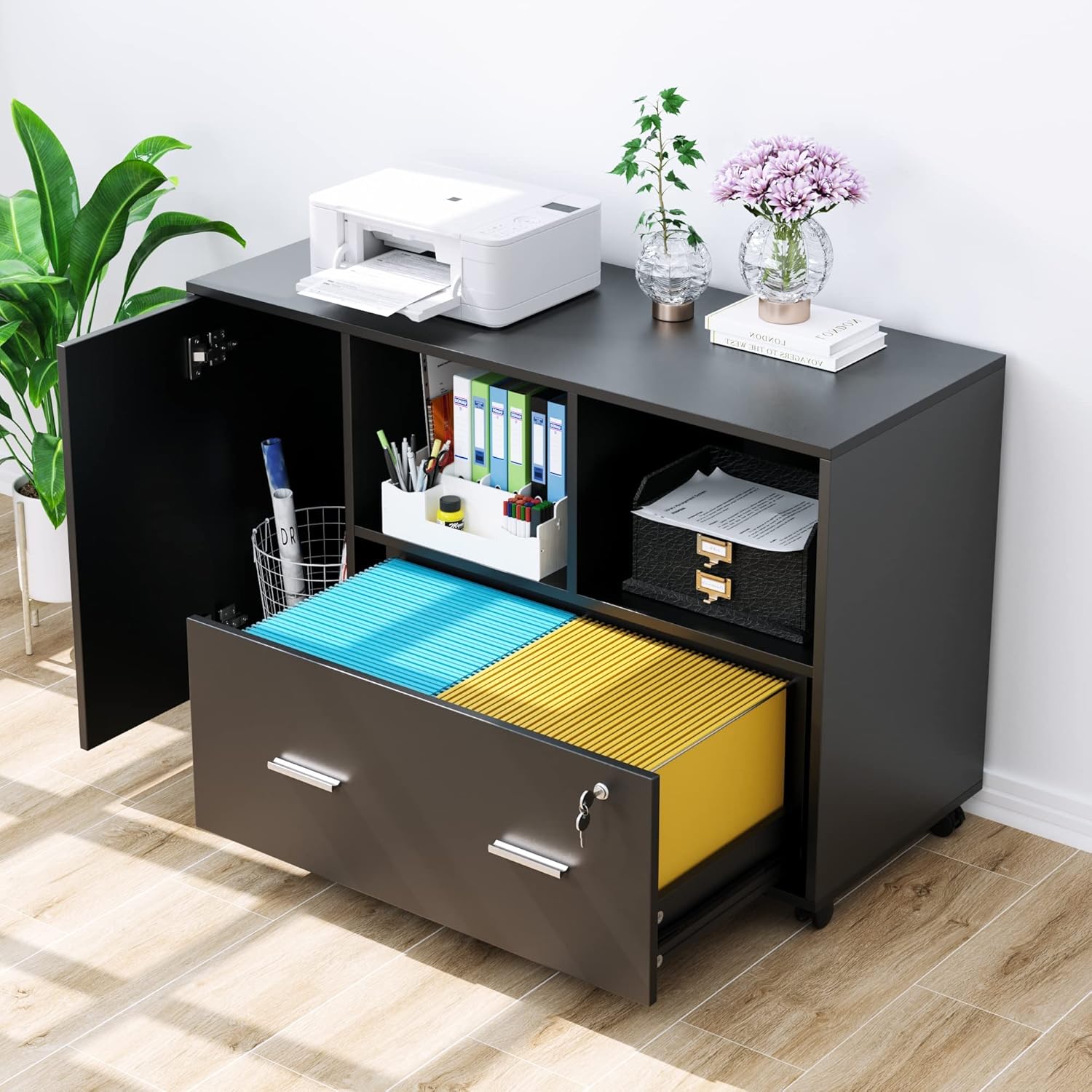 Black Wood Lateral File Cabinet with Lock B410237