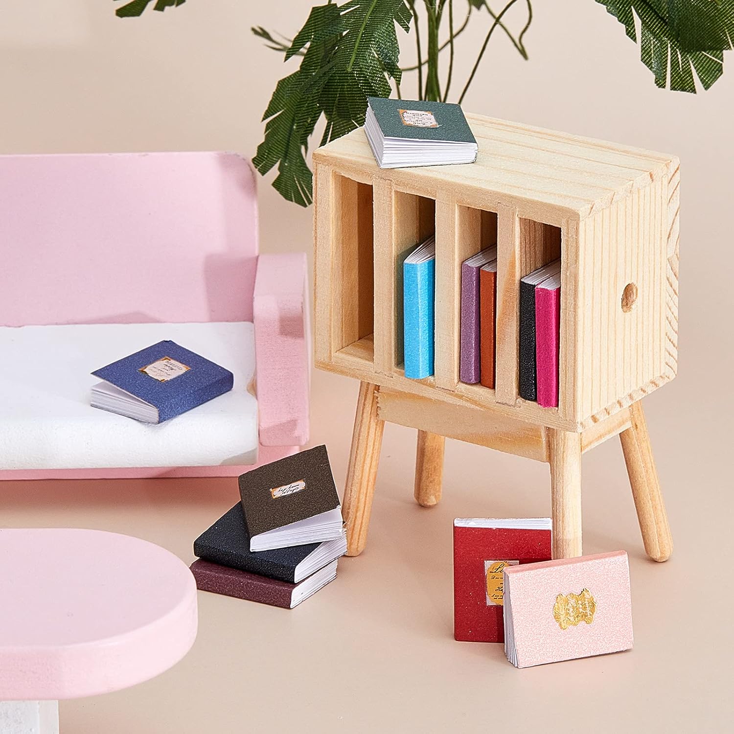13 Pieces 1:12 Scale Miniature Dollhouse Books with Wooden Rack Bookshelf N173891
