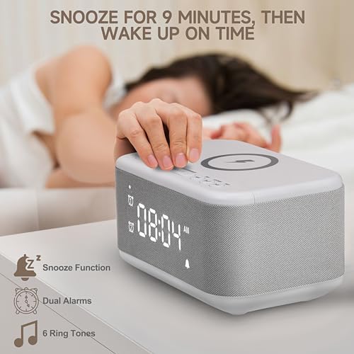 Gray Digital Alarm Clock with Bluetooth Speaker and Wireless Charger C580