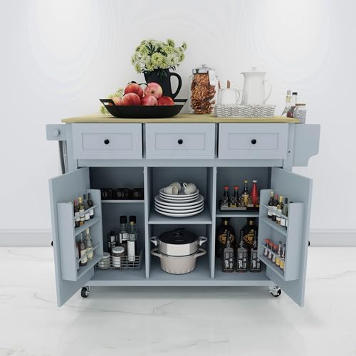 Grey Blue Rolling Kitchen Island with Storage Cabinet and 3 Drawers L4512