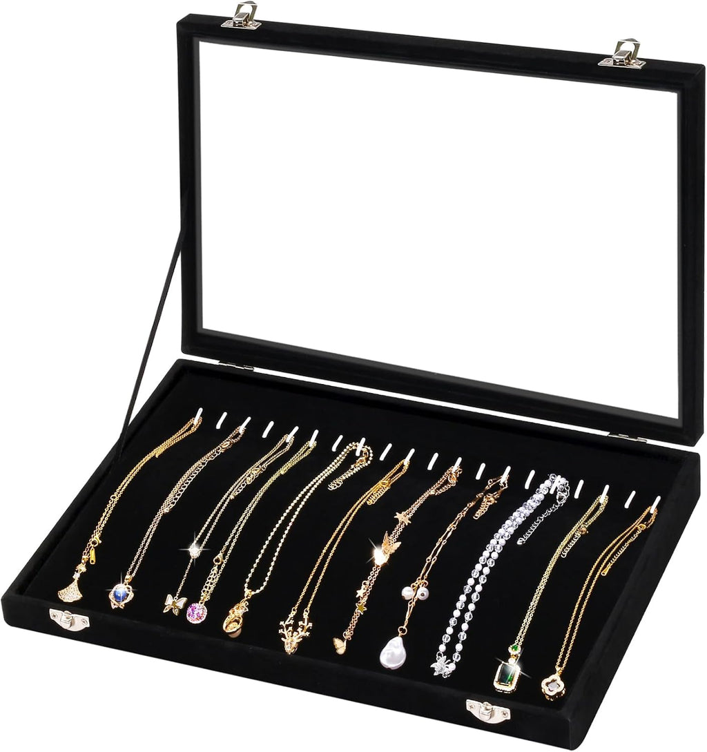20 Hooks Velvet Jewelry Tray Necklace Organizer Box with Clear Lid C76389