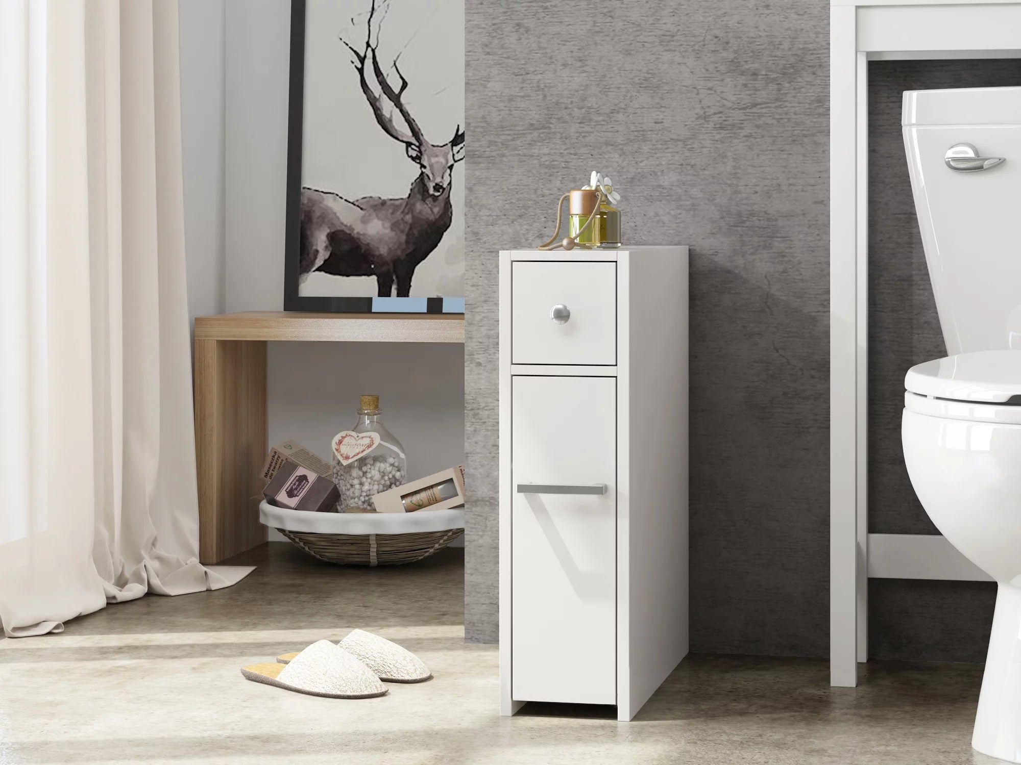 White Slim Bathroom Storage Cabinet with Toilet Paper Holder and Slide Out Drawer P834