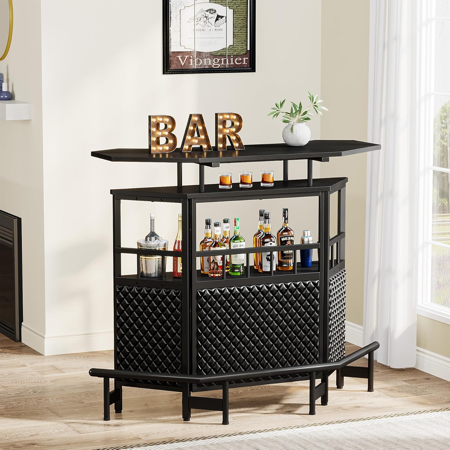 Black 4 Tier Bar Cabinet with Stemware Rack A401