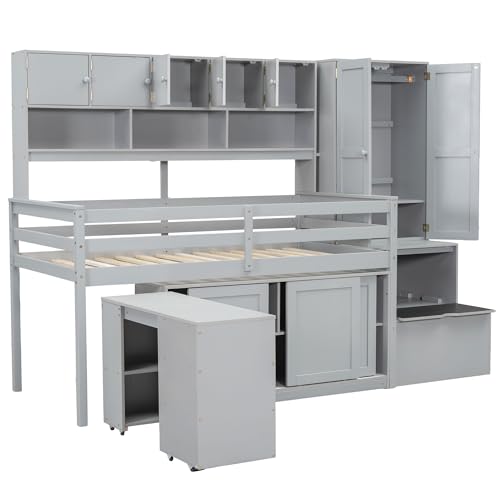 White Low Wood Loft Bed Twin Size with Rolling Desk and Drawers X6776