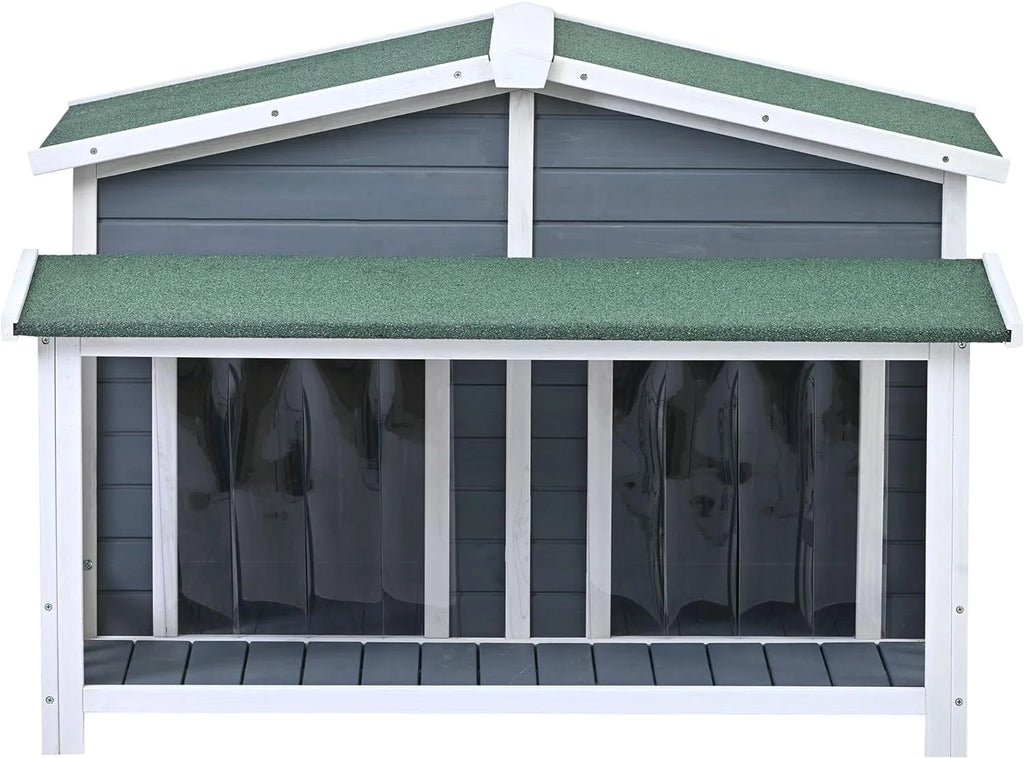 Gray Green Wooden Dog House with Porch 2 Doors Q801944