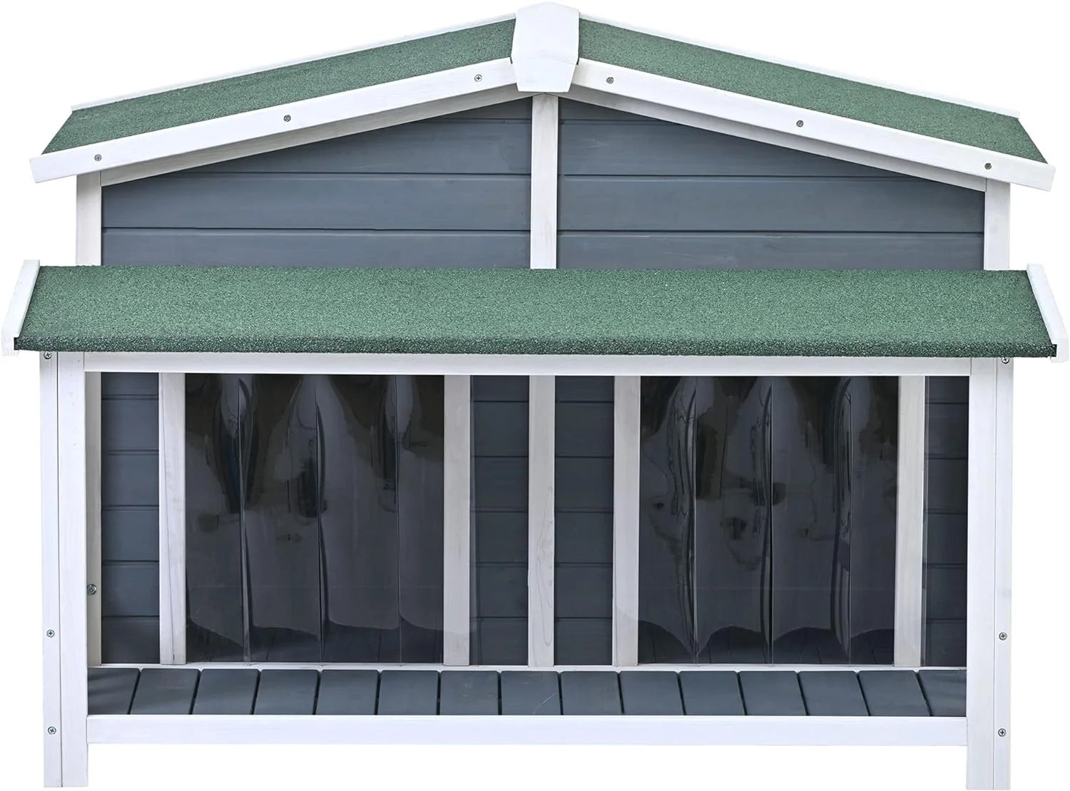 Gray Green Wooden Dog House with Porch 2 Doors Q801944