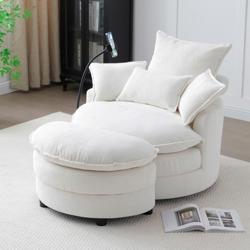 Beige Corduroy Oversized Swivel Accent Sofa Chair with Storage Ottoman K635103