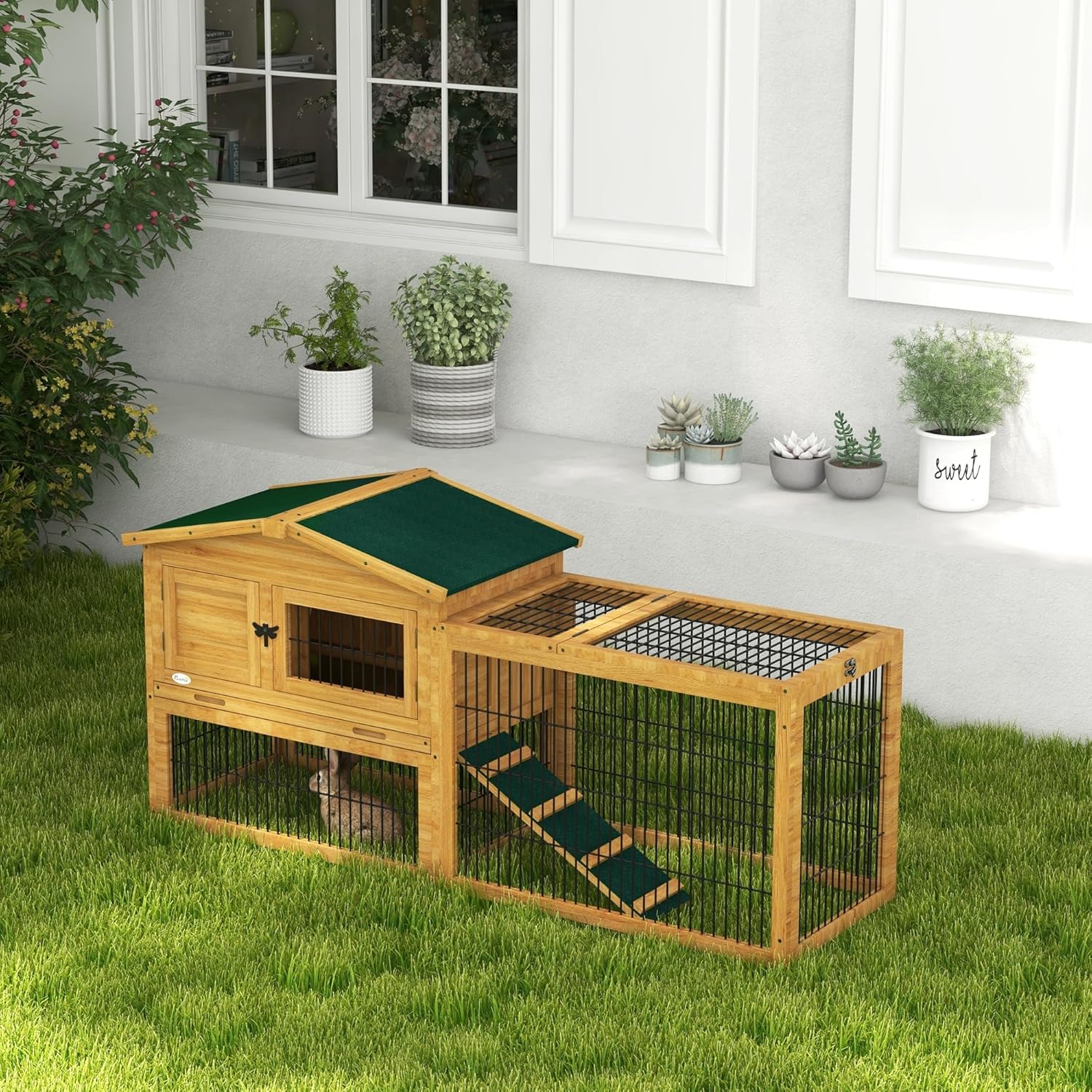 Yellow Wooden Rabbit Hutch with Removable Tray N1778